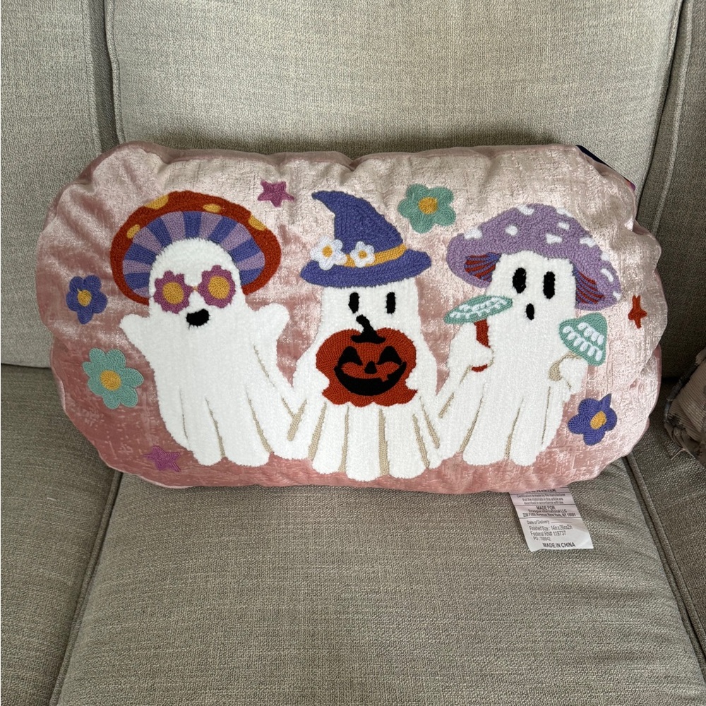 NWT PINK VELVET EMBROIDER GHOST Mushroom  Decorative PILLOW Lunaville Halloween